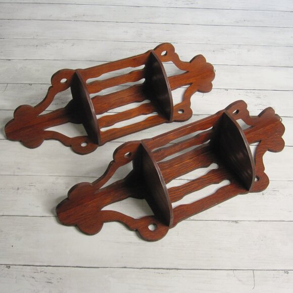 Vintage MCM Corner Wooden 2 Tier Shelf Lot Brown Knick Knack Wall Mount - Picture 4 of 6